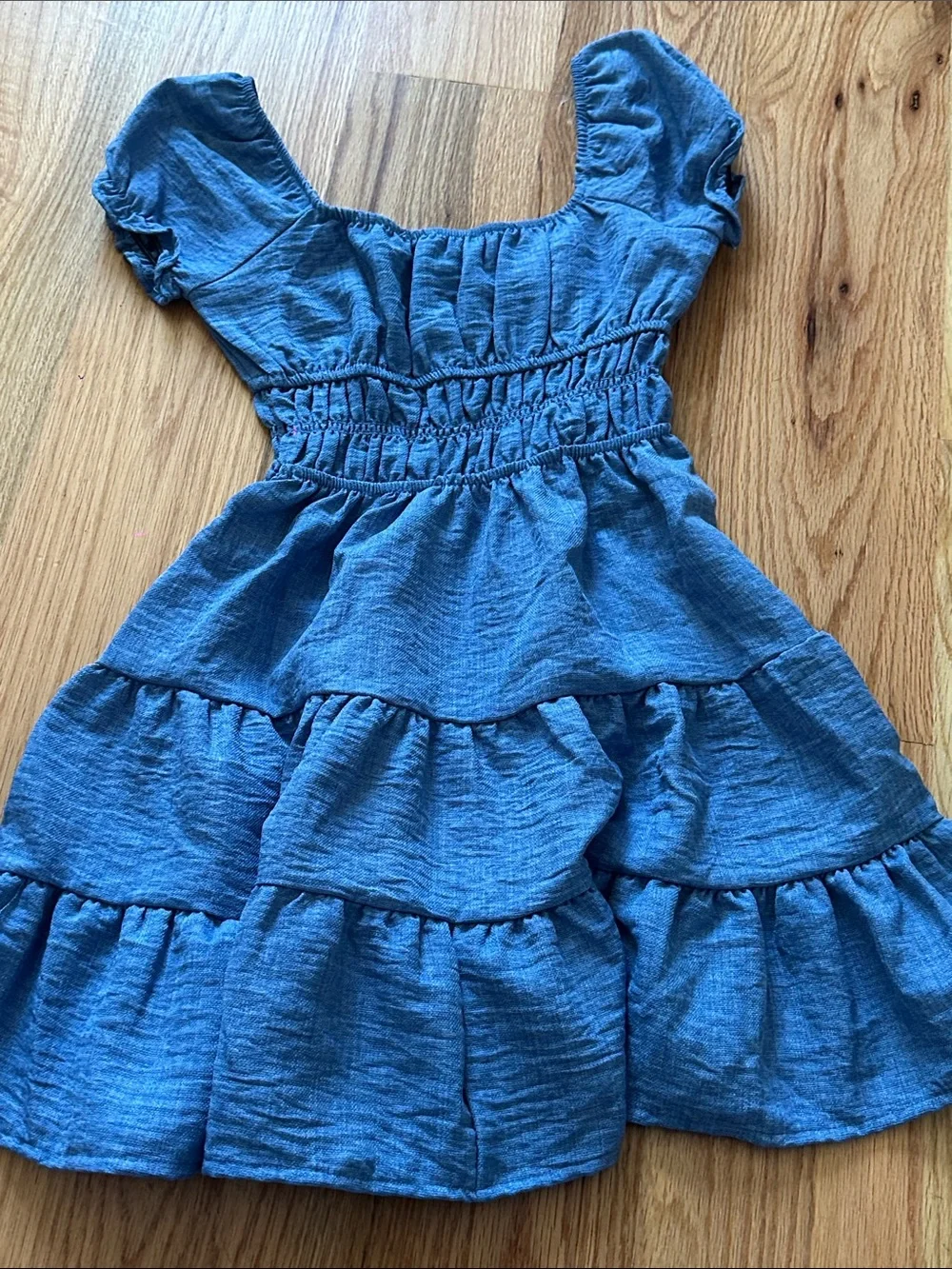 Girls Blue Tiered Smocked Waist Dress with Puff Sleeves
